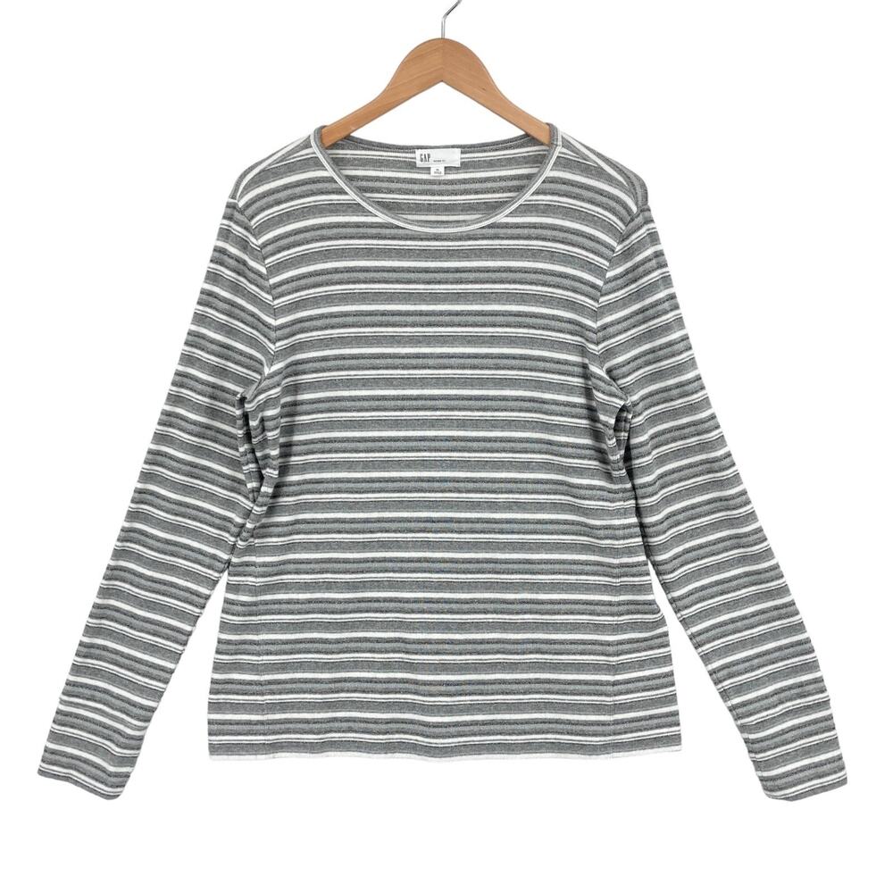 Gap Feather Tee Women XL Gray Knit Metallic Striped Long Sleeve Stretch Pullover